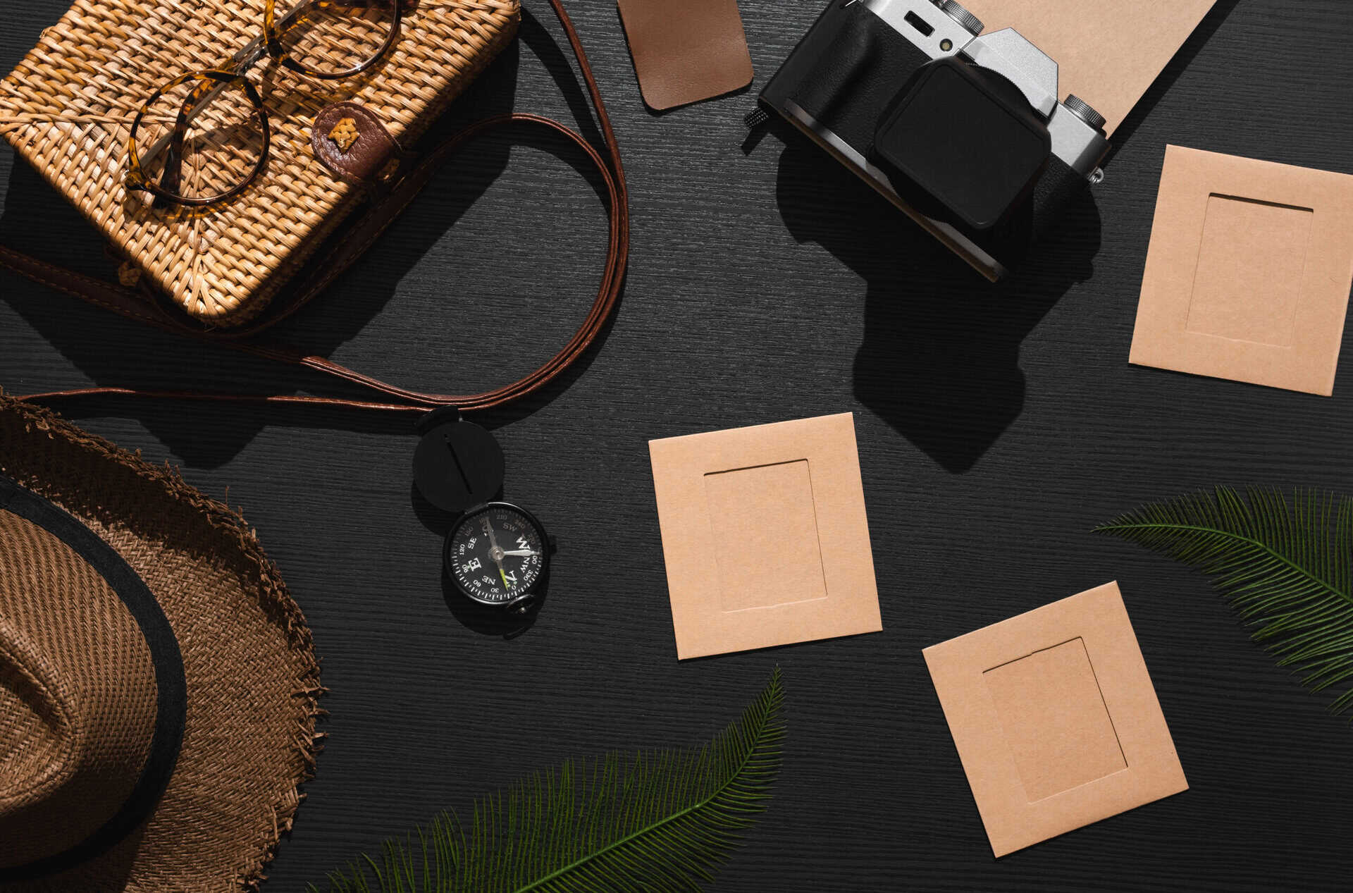 summer travel flat lay of traveller accessories set